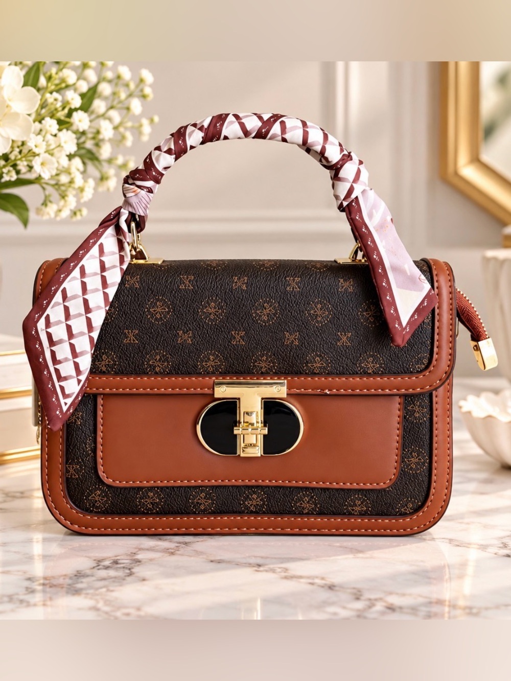Brown Satchel Crossbody Handbag with Scarf Accent Handle